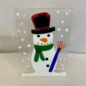 Fused glass snowman winter themed art tealight votive candle holder